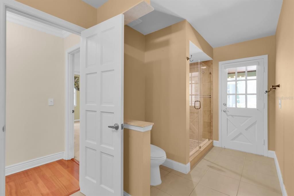 Bathroom, Glass Shower, Interior, Wood Texture Flooring