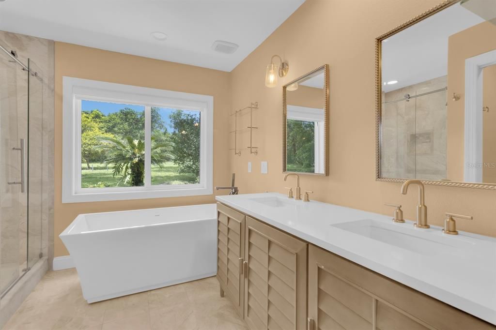 Bathroom, Dual Sink Vanities, Free Standing Baths, Glass Shower, Interior, Recessed Lighting