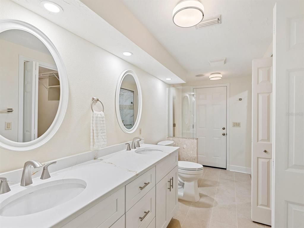 Bathroom, Dual Sink Vanities, Glass Shower, Interior, Recessed Lighting