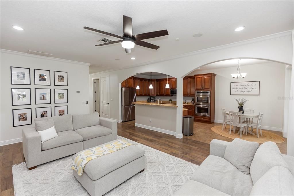 Dining room, Interior, Kitchen, Living room, Pendant Lights, Recessed Lighting, Stainless Steel Appliances, Wood Texture Flooring