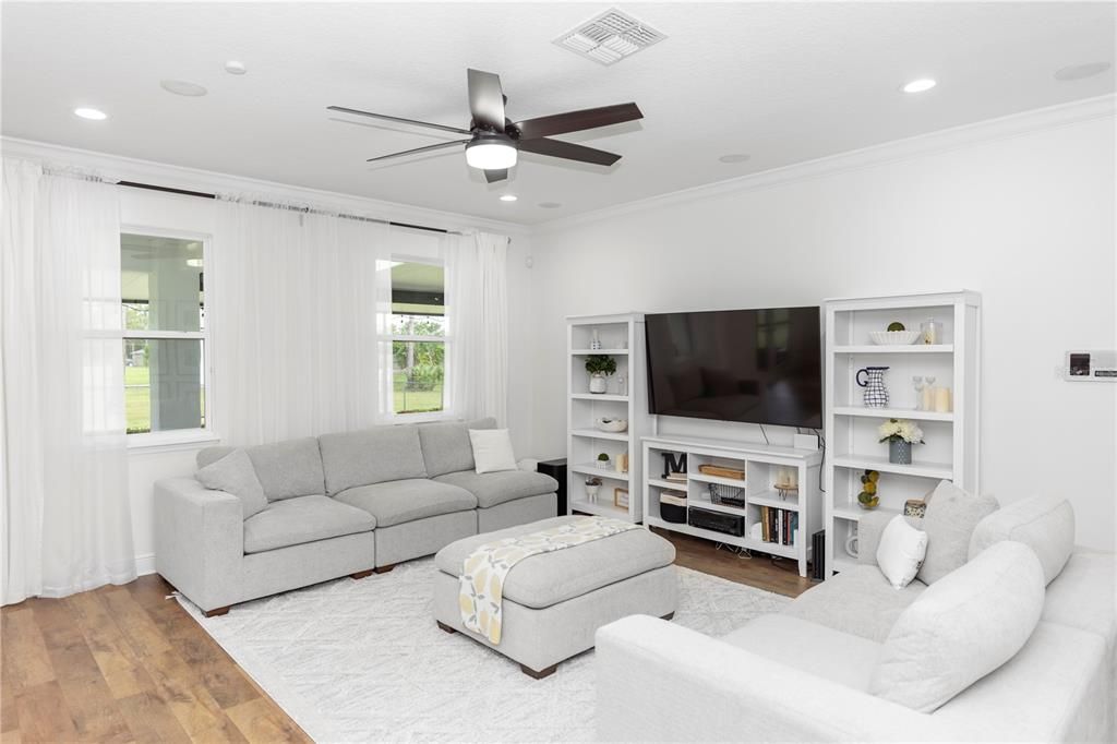 Interior, Living room, Recessed Lighting, Wood Texture Flooring