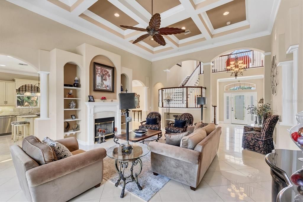 Chandelier, Fireplace, Interior, Living room, Recessed Lighting