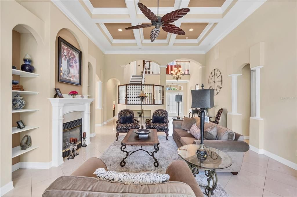 Chandelier, Fireplace, Interior, Living room, Recessed Lighting