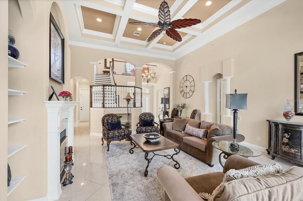 Chandelier, Fireplace, Interior, Living room, Recessed Lighting