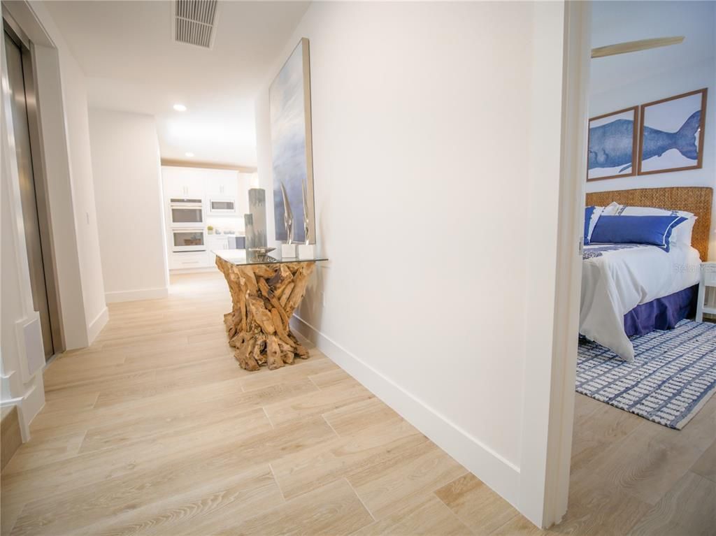 Bedroom, Interior, Kitchen, Recessed Lighting, Stainless Steel Appliances, Wood Texture Flooring