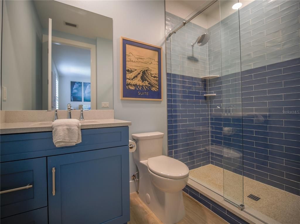 Bathroom, Glass Shower, Interior, Wood Texture Flooring