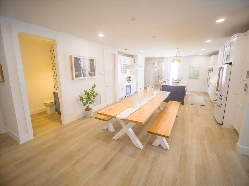 Dining room, Interior, Kitchen, Pendant Lights, Recessed Lighting, Wood Texture Flooring