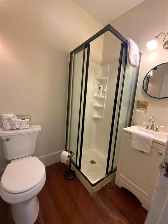 Bathroom, Glass Shower, Interior, Wood Texture Flooring