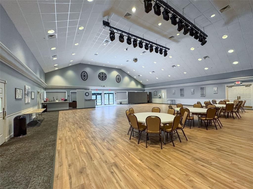 Dining room, Interior, Projection Screen, Recessed Lighting, Wood Texture Flooring