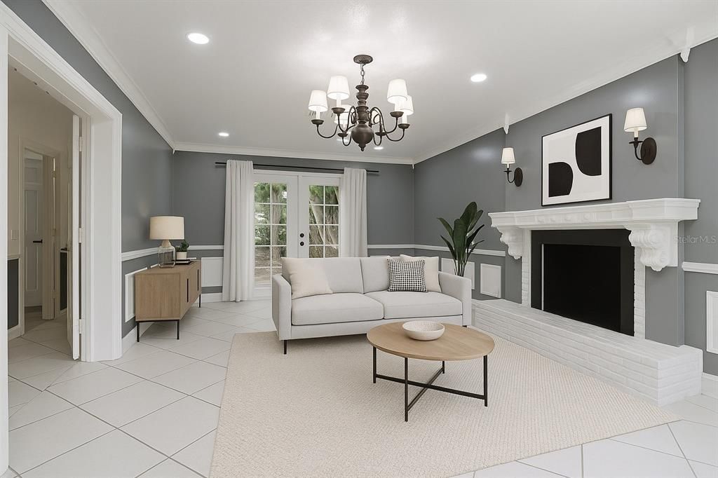 Chandelier, Fireplace, Interior, Living room, Recessed Lighting