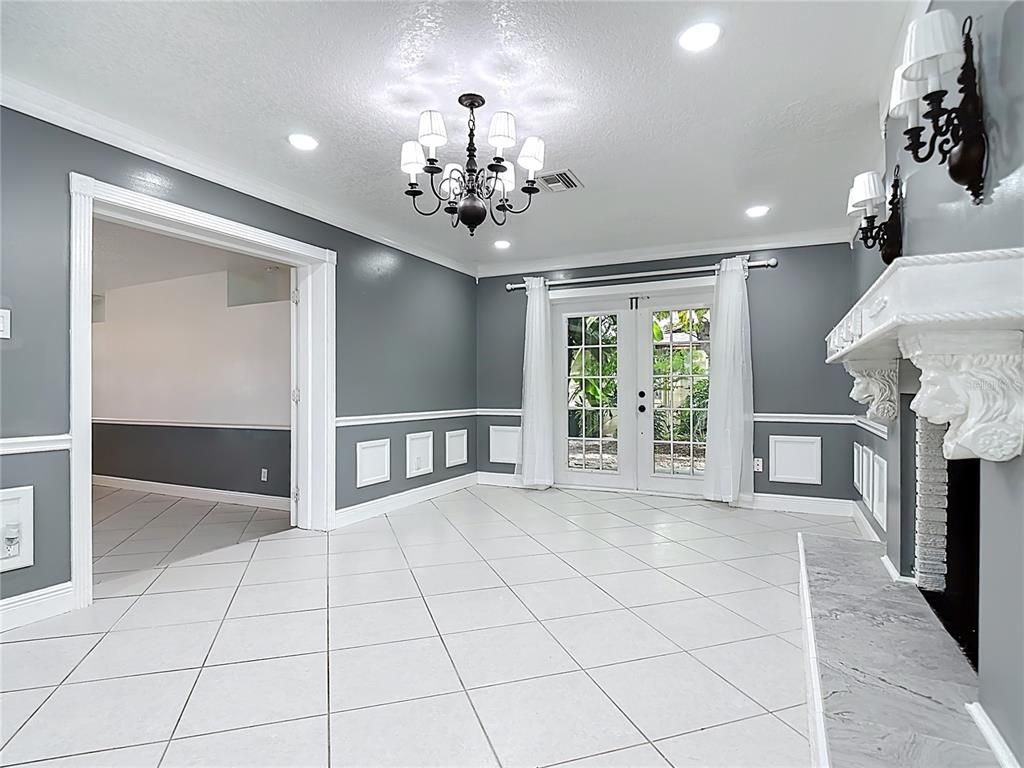 Chandelier, Empty room, Fireplace, Interior, Recessed Lighting