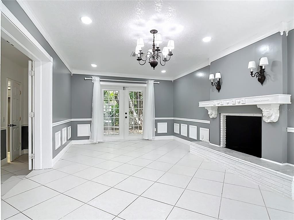 Chandelier, Empty room, Fireplace, Interior, Recessed Lighting