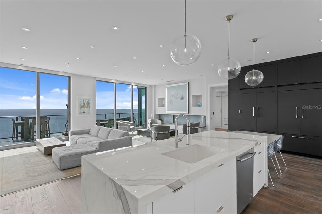 Interior, Kitchen, Living room, Pendant Lights, Recessed Lighting, Stainless Steel Appliances, Water, Wood Texture Flooring