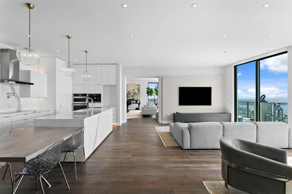 Interior, Kitchen, Living room, Pendant Lights, Recessed Lighting, Stainless Steel Appliances, Water, Wood Texture Flooring