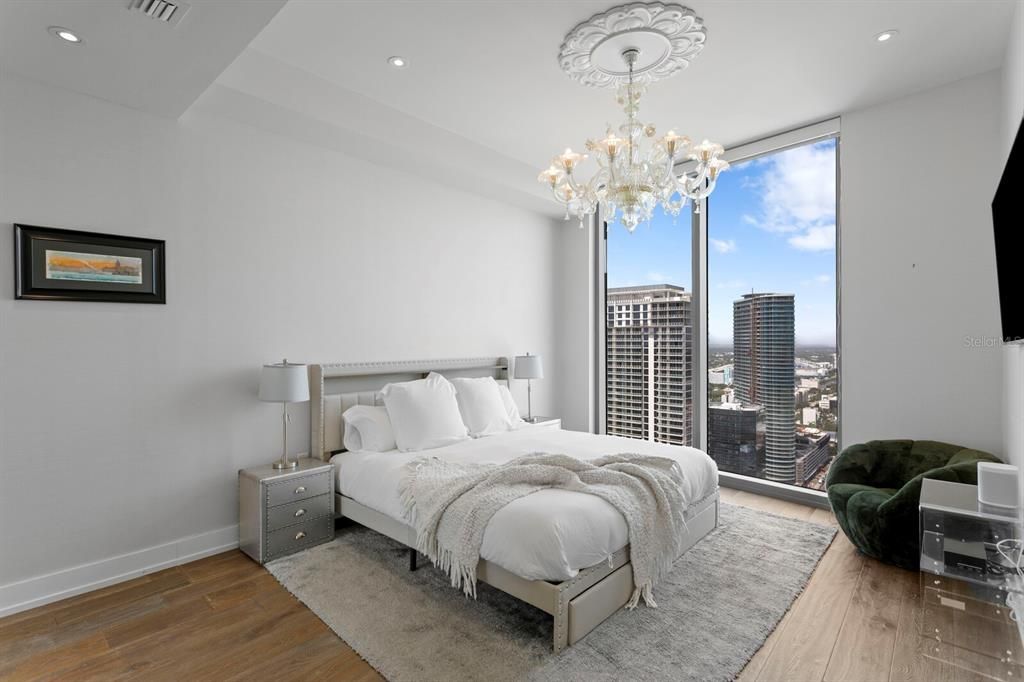 Bedroom, Chandelier, Interior, Recessed Lighting, Wood Texture Flooring