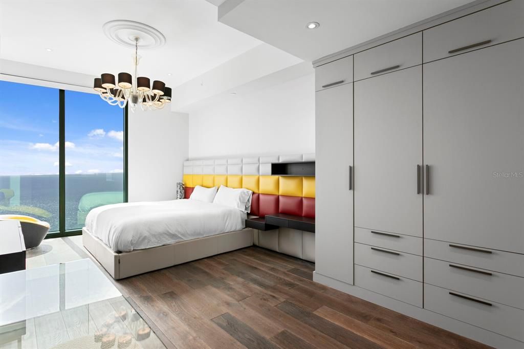 Bedroom, Chandelier, Interior, Recessed Lighting, Water, Wood Texture Flooring