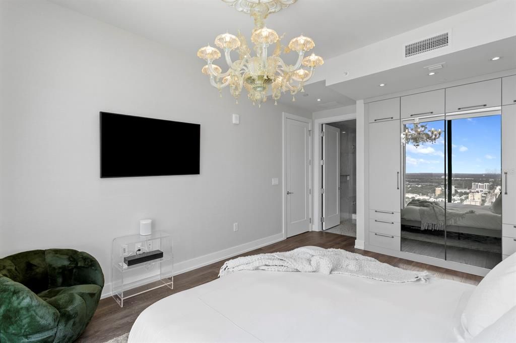 Bedroom, Chandelier, Interior, Recessed Lighting, Wood Texture Flooring