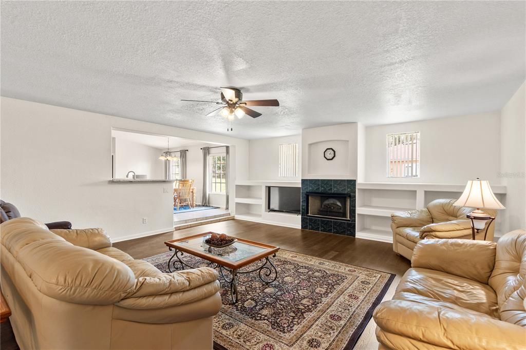Fireplace, Interior, Living room, Pendant Lights, Wood Texture Flooring