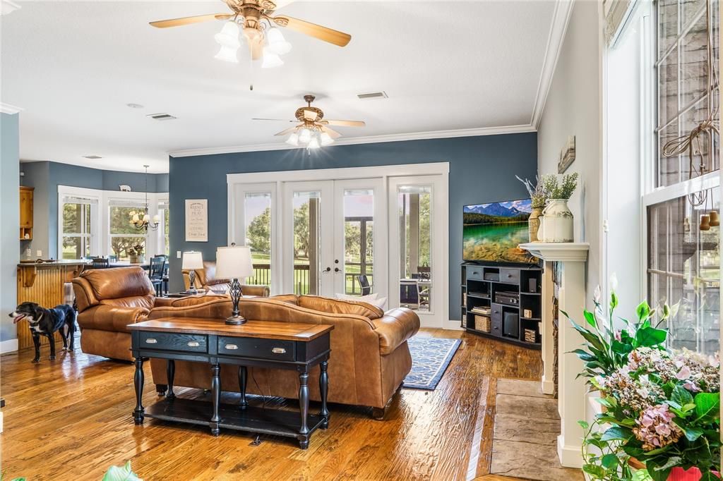 Fireplace, Interior, Living room, Pendant Lights, Wood Texture Flooring
