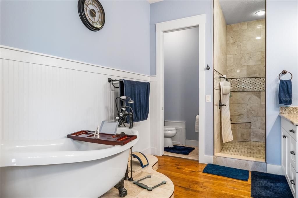 Bathroom, Glass Shower, Interior, Recessed Lighting, Wood Texture Flooring