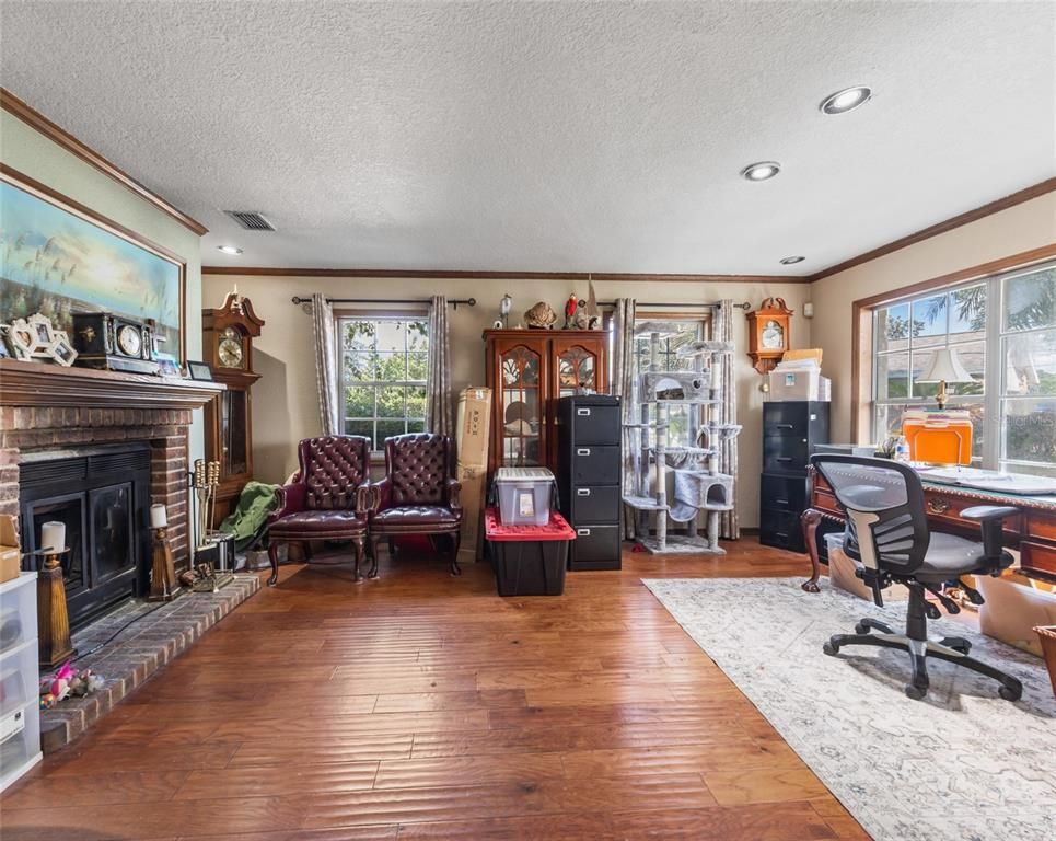 Fireplace, Home Office, Interior, Recessed Lighting, Wood Texture Flooring