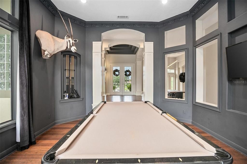 Billiard Table, Game Room, Interior, Recessed Lighting, Wood Texture Flooring