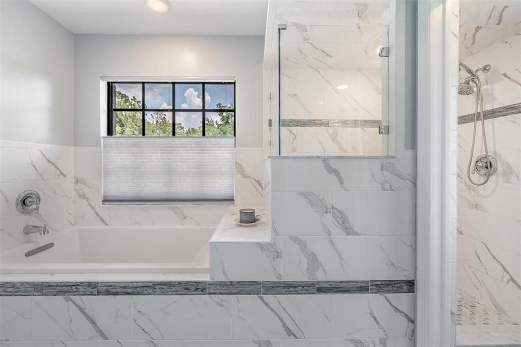 Bathroom, Glass Shower, Interior, Marble Walls, Recessed Lighting
