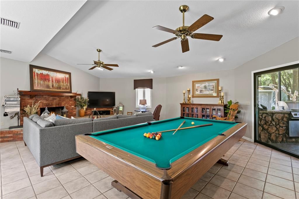 Billiard Table, Fireplace, Game Room, Interior, Living room, Recessed Lighting