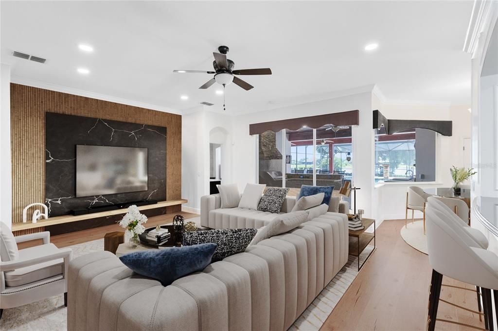 Interior, Living room, Recessed Lighting, Wood Texture Flooring