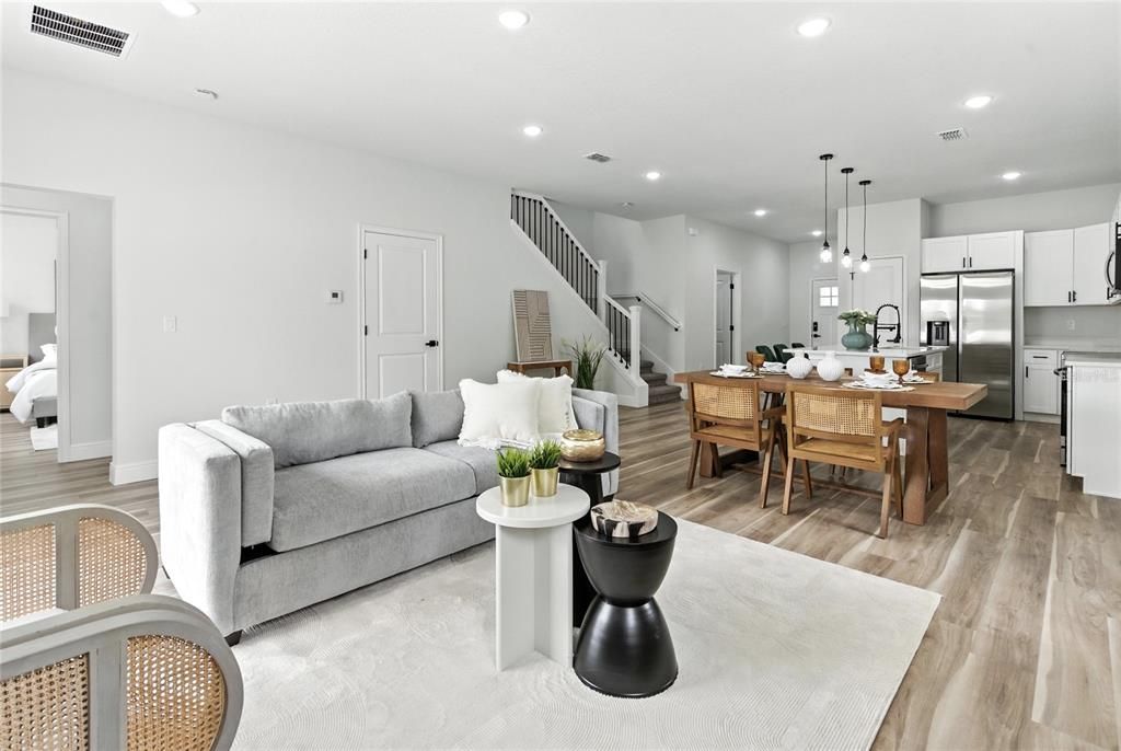 Dining room, Interior, Kitchen, Living room, Pendant Lights, Recessed Lighting, Stainless Steel Appliances, Wood Texture Flooring