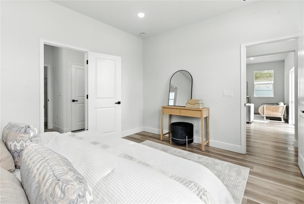 Bedroom, Fireplace, Interior, Recessed Lighting, Wood Texture Flooring