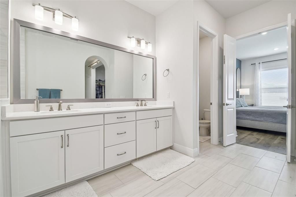 Bathroom, Bedroom, Dual Sink Vanities, Interior, Recessed Lighting, Wood Texture Flooring