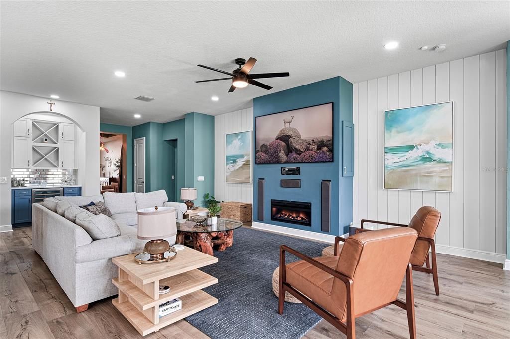 Fireplace, Interior, Living room, Recessed Lighting, Wood Texture Flooring