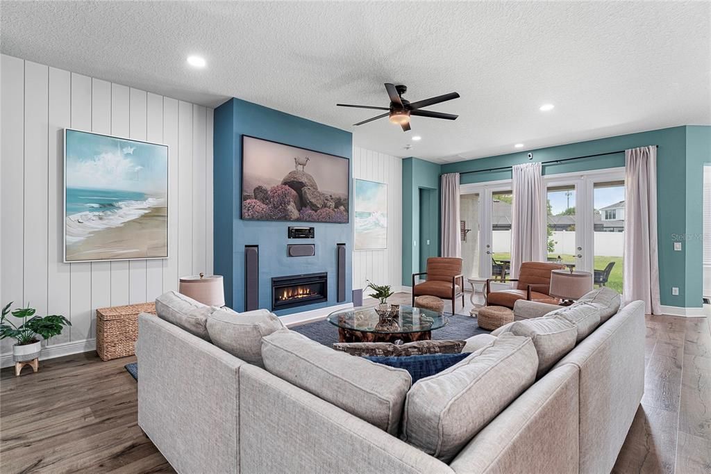 Fireplace, Interior, Living room, Recessed Lighting, Wood Texture Flooring