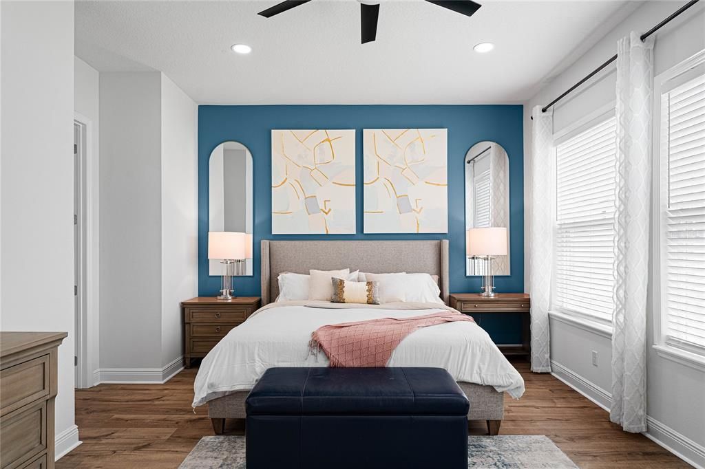 Bedroom, Interior, Recessed Lighting, Wood Texture Flooring