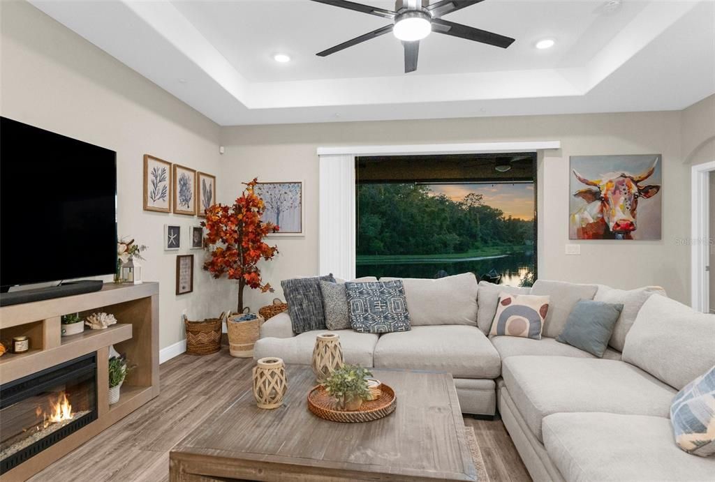 Fireplace, Interior, Living room, Recessed Lighting, Wood Texture Flooring