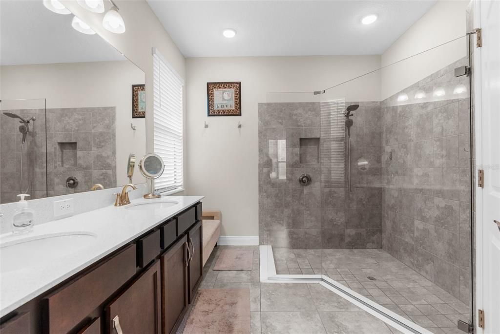 Bathroom, Dual Sink Vanities, Glass Shower, Interior, Recessed Lighting