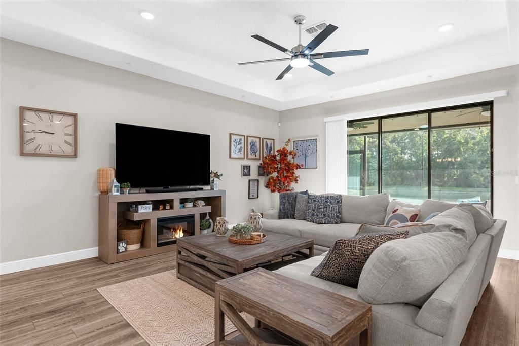 Fireplace, Interior, Living room, Recessed Lighting, Wood Texture Flooring