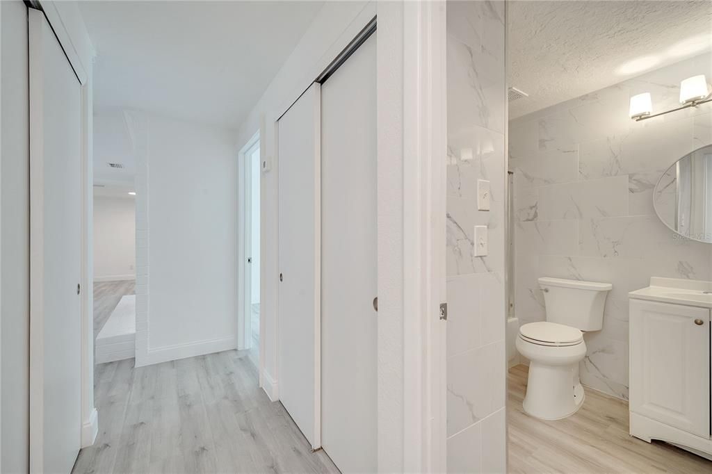 Bathroom, Interior, Marble Walls, Wood Texture Flooring