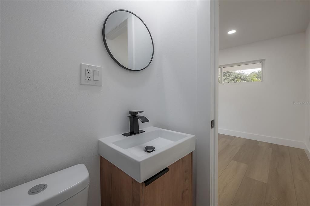 Bathroom, Interior, Recessed Lighting, Wood Texture Flooring