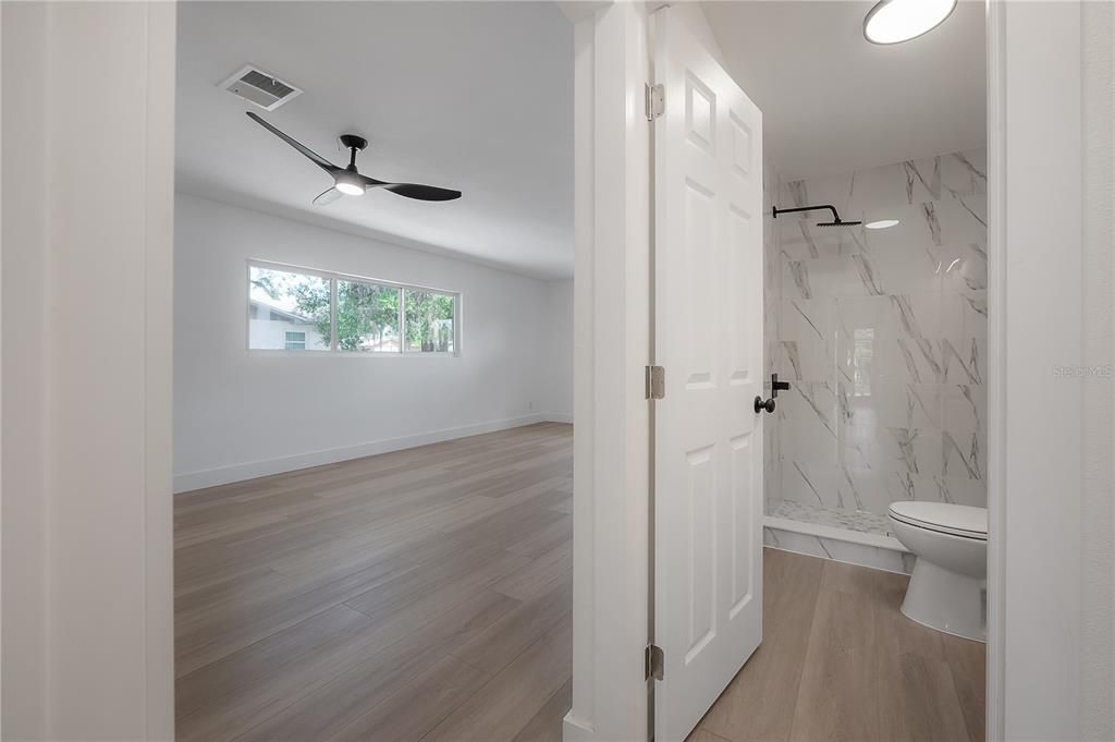 Bathroom, Interior, Marble Walls, Wood Texture Flooring