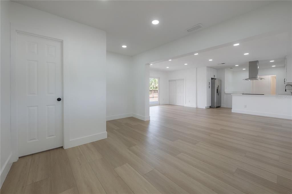 Empty room, Interior, Kitchen, Recessed Lighting, Wood Texture Flooring