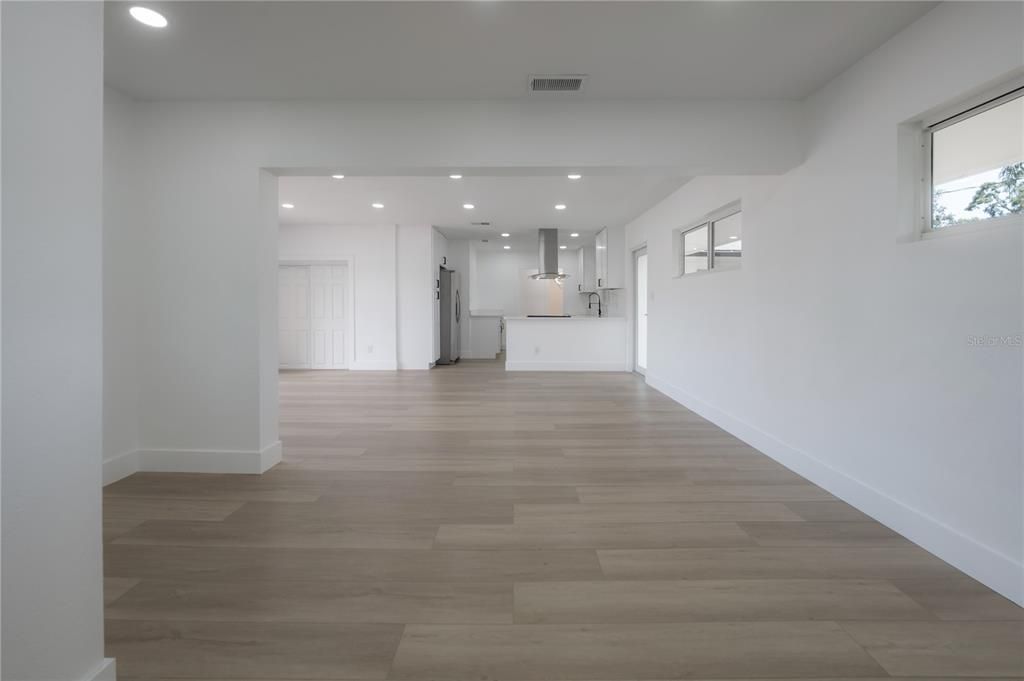 Empty room, Interior, Kitchen, Recessed Lighting, Wood Texture Flooring