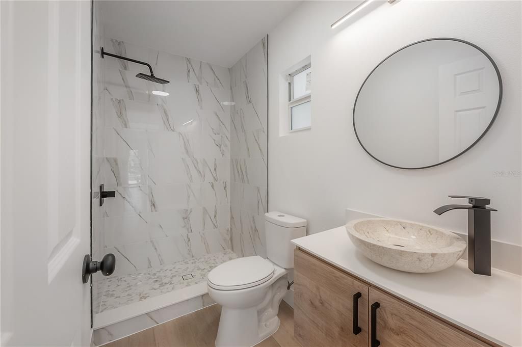 Bathroom, Interior, Marble Walls, Wood Texture Flooring