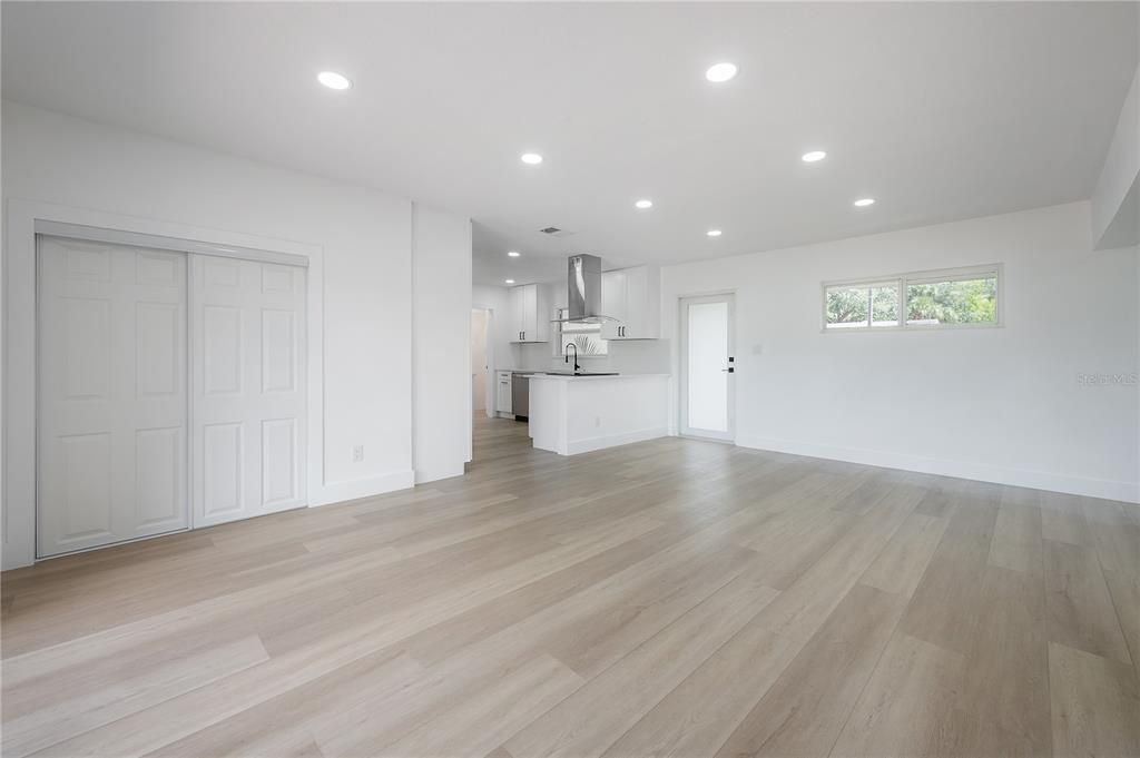 Empty room, Interior, Kitchen, Recessed Lighting, Wood Texture Flooring