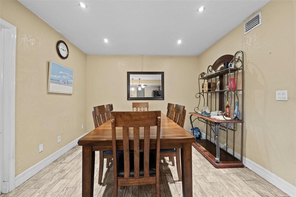 Dining room, Interior, Recessed Lighting, Wood Texture Flooring