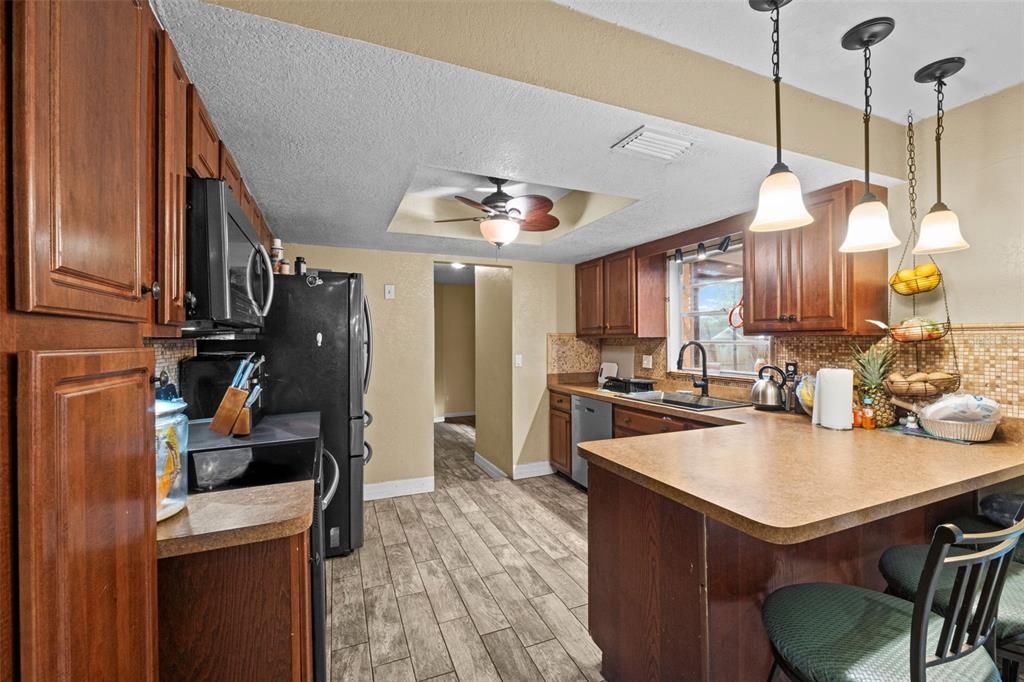 Interior, Kitchen, Pendant Lights, Wood Texture Flooring