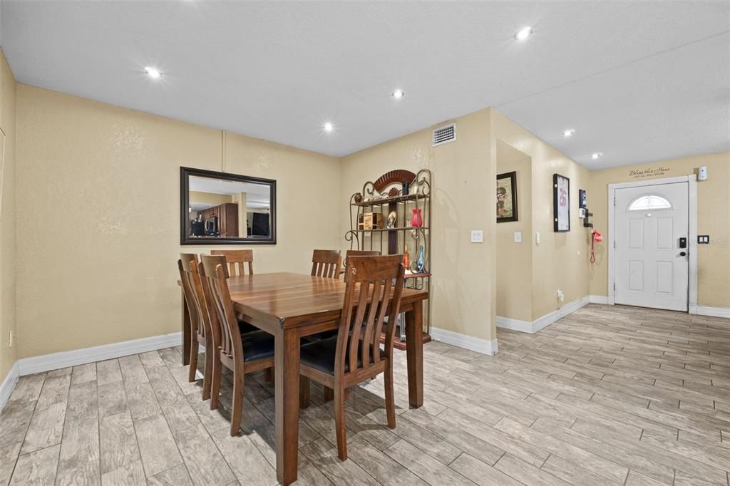 Dining room, Interior, Recessed Lighting, Wood Texture Flooring