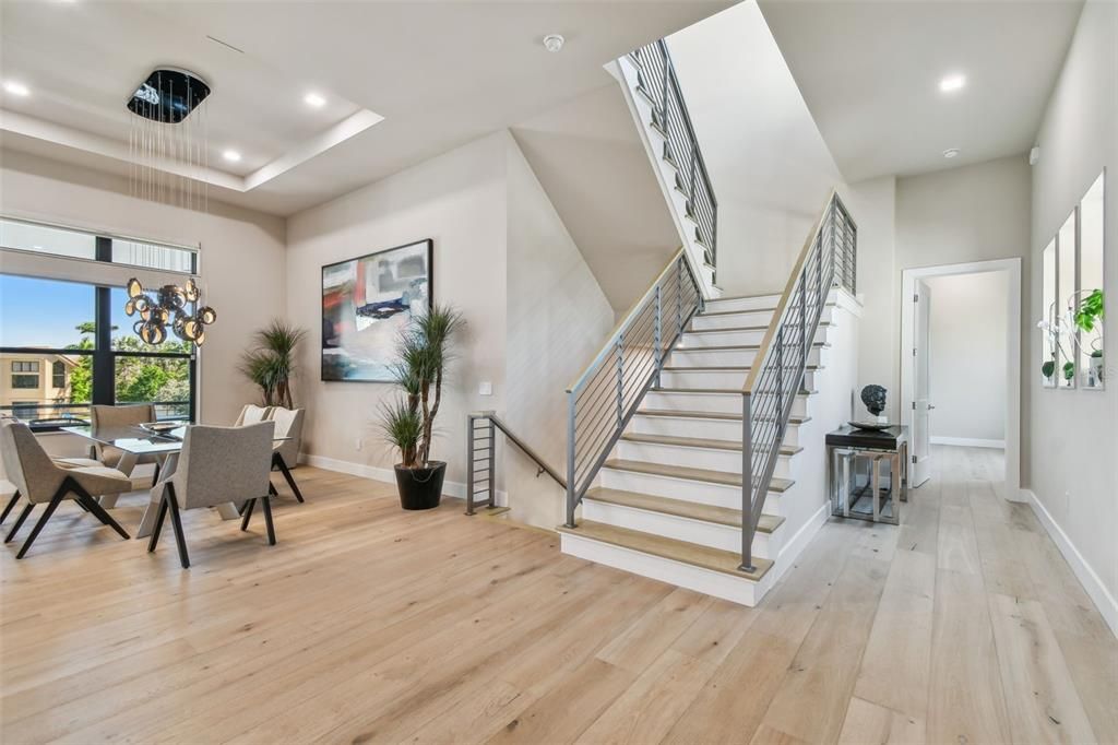 Dining room, Interior, Pendant Lights, Recessed Lighting, Wood Texture Flooring
