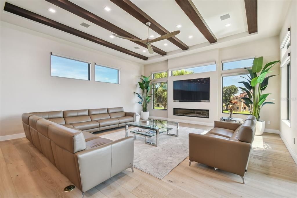 Fireplace, Interior, Living room, Recessed Lighting, Wooden Beams, Wood Texture Flooring